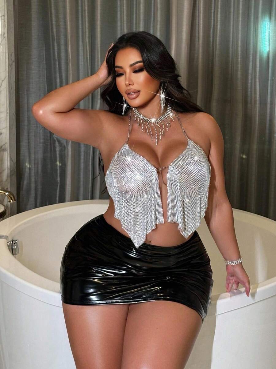 NU&NOW NU&NOW Sexy Metallic Chain & Sequin Sleeveless Plus Size Blouse For Party, Christmas Top,Fancy Party Outfits,New Year Outfit,Silver