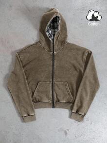 PAVTROS 男士纯色复古时尚长袖拉链休闲连帽卫衣，秋季款 - 咖啡棕 - 查看 3