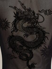 SHEIN ICON Women's Plus Size Solid Color Long Sleeve Chinese Dragon Mesh Open Back Y2K Millennial Style Sexy Street Avant-Garde Fashion Bold Slim Black T-Shirt/Fall/Winter