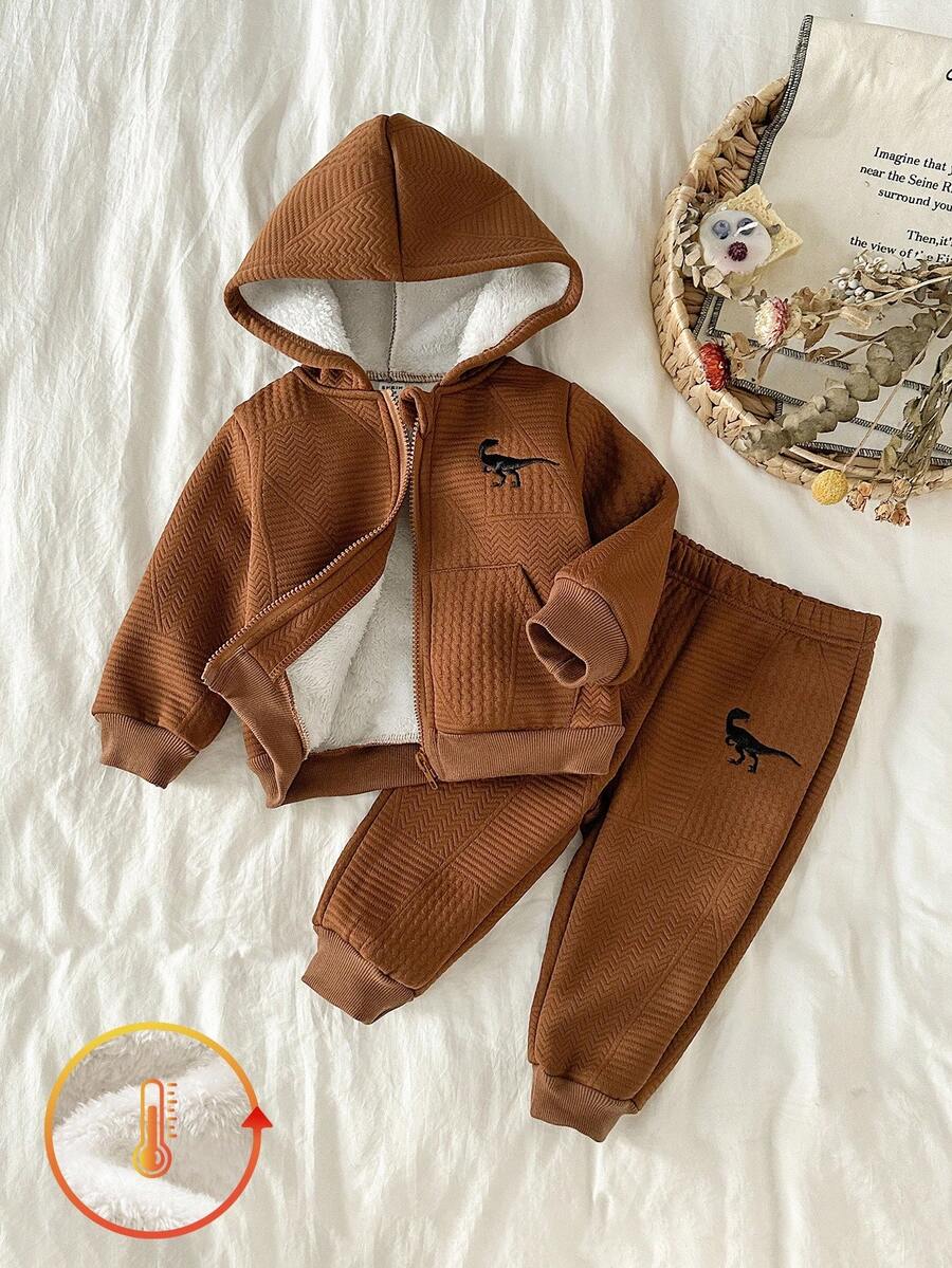 SHEIN 1 套男童休闲连帽服装，棕色恐龙刺绣夹克 + 松紧袖口裤子，秋冬 - 棕色 - 查看 1