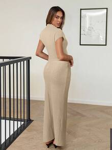 Siren Gaze Bộ 2 món áo thun tay ngắn cổ lọ tối giản mặc hàng ngày cho nữ - Màu be - Xem 6