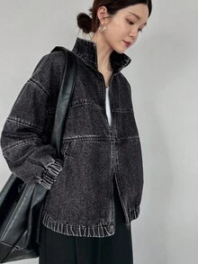 FRIFUL 女式休闲水洗宽松拉链立领牛仔夹克，秋季 - 黑色 - 查看 5