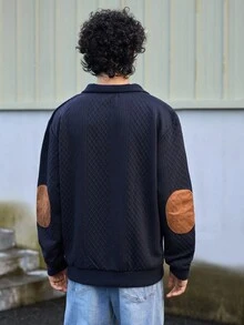 Open Phase STONE DISTRICT Men's Jacquard Knit Long Sleeve Top, Autumn/Winter Minimalist Stand Collar Undershirt, Solid Color Pullover T-Shirt, Men's Long Sleeve T-Shirt, Holiday Gift For Boyfriend Spring To Summer - Navy Blue - View 3