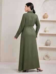 Veilorie Damen Einfarbige Bluse mit Spitzenkontrast Langarm & Elegantes Kleid im arabischen Stil - Armeegrün - Übersicht 6