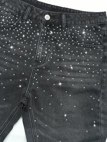 Manfinity Roghcode Men's Rhinestone Embellished Grey Denim Jeans Glitter Jeans Rhinestone Pants Men Sparkly Jeans, Perfect Holiday Gift For Boyfriend & Husband - Grey - View 4