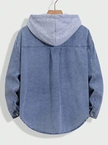 SHEIN 青少年男孩时尚休闲 Y2K 复古酷炫街头返校学院风蓝色牛仔灰色针织连帽宽松长袖牛仔外套，适合青少年男孩日常穿着，柔软舒适，也适合青少年男孩秋冬季派对、节日和街头服饰以及校园服装。