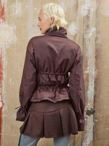 COUREZ Ruched Zip Up Nylon Coat, Y2K  Going Out Spring Chic Streetwear Casual Festivals Coat - Brown - View 3