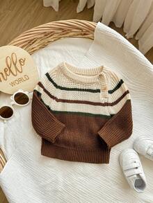 SHEIN Newborn Fashionable Contrast Color Striped Pullover Long Sleeve Sweater Christmas Newborn Outfits, Autumn/Winter