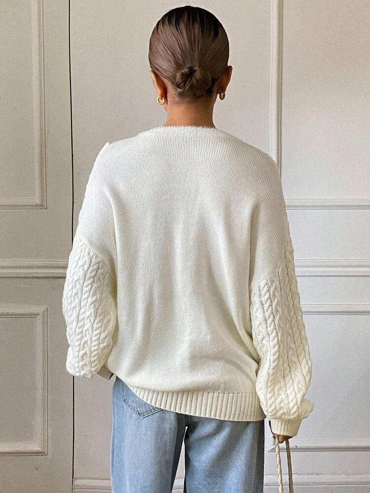Women's Elegant Casual Loose Fit Patchwork Twist Floral Pattern Round Neck Long Sleeve Pullover Knit Sweater, Autumn/Winter