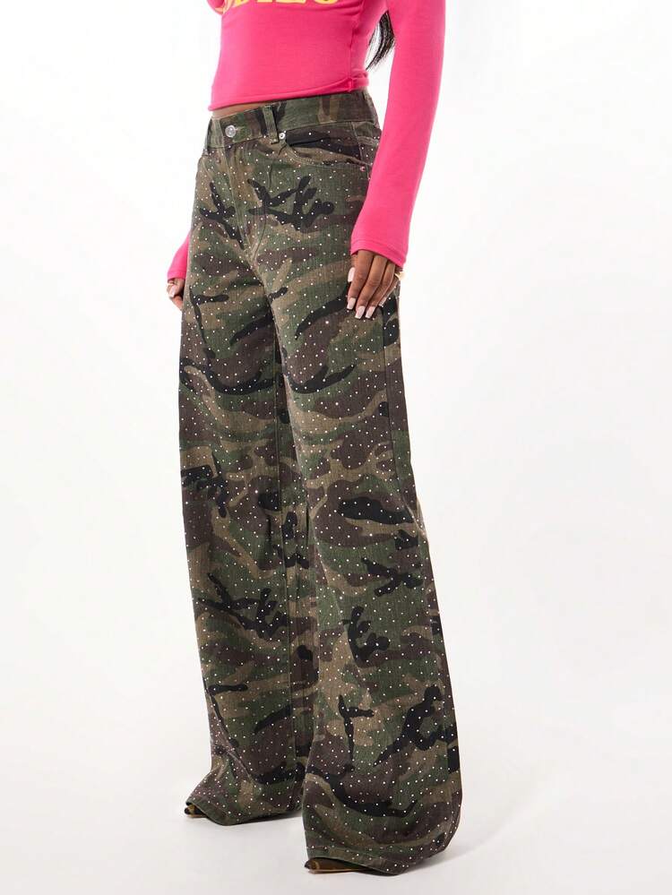 SUMWON WOMEN Wide Leg Camouflage Pants With Rhinestone Details