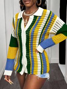 BamGleam 女士针织开衫 开襟袖 女士上衣 纽扣 半透明色 常规款式 性感派对度假 春夏款式 - 白色 - 查看 4