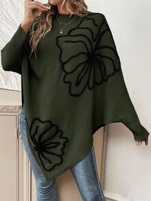 EMERY ROSE Women's Fashionable Color Block Round Neck Batwing Sleeve Long Asymmetrical Hem Sweater - Green - View 6