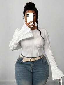 Maweii Women's Simple Casual Everyday Round Neck Straight Shoulder Flared Sleeve Knitted Solid Color Plus Size Sweater Long Sleeve Lightweight Knit Fashion Ribbed Slim Fit Basic Going Out Tshirts, Spring Fall Winter