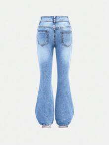 SHEIN Girlism Tween Girl Y2K Fashionable Stonewashed Heart Pattern High Waist Flare Leg Jeans, Fall Streetwear - Dusty Blue - View 2