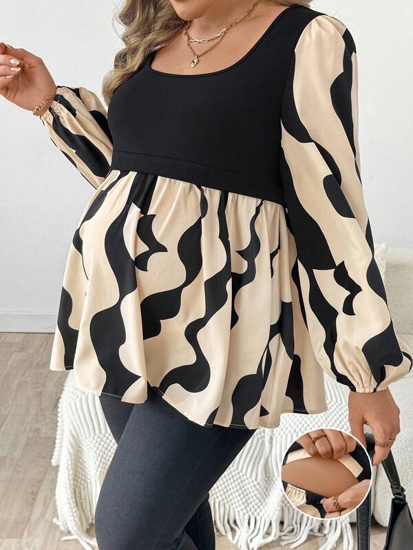 SHEIN Maternity Plus Size Geometric Print Square Neck Lantern Sleeve Casual Top