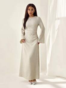 SHEIN PETITE 女式夏季纯色亚麻混纺休闲优雅连衣裙， - 杏色 - 查看 3