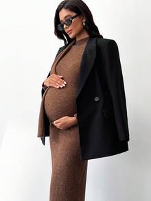 MaterniWear Vestido casual ajustado de manga larga con diseño de cuello asimétrico y unicolor para maternidad - Marrón Mocha - Ver 2