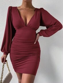 Chiquease Đầm suông dài tay dáng ôm, cổ chữ V sâu, màu trơn đơn giản dành cho nữ - Màu Đỏ Sâu - Xem 5