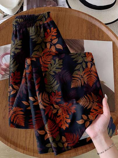 Rusticease Women's Elastic Waist Wide Leg Casual Leaf Print Pants, Autumn/Winter,Casual