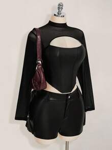 SHEIN ICON Women's Plus Size Autumn/Winter Retro Sexy Casual Fashion Bold Avant-Garde Mesh Patchwork PU Hollow-Out Black Long-Sleeved Fitted T-Shirt - Black - View 6