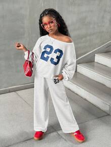 SHEIN 2pcs Tween Girls Numeric Print Loose Knit Sweatshirt Set, Casual Daily Versatile Fashion Mommy And Me Matching Outfits (2 Pieces Sold Separately) - Light Grey - View 9