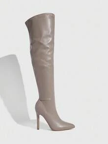 Daringsoles 女士弹力靴、细靴、尖头细高跟性感派对靴、过膝靴、PU 皮革棕色靴子、秋冬靴 - 灰色 - 查看 6