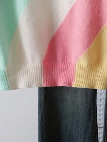 Sparklyn 青少年女孩休闲日常通勤拼色条纹图案落肩宽松套头毛衣，秋冬 - 杏色 - 查看 6
