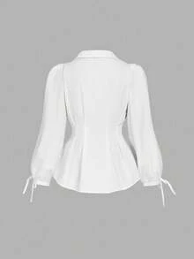 SHEIN MOD Áo sơ mi dài tay kẻ sọc thanh lịch dành cho nữ cỡ lớn, áo kiểu ôm eo tay phồng, phù hợp cho công sở, mặc thường ngày, áo sơ mi buộc dây, áo sơ mi và áo kiểu nữ, áo kiểu trắng, áo kiểu chuyên nghiệp, áo sơ mi thắt nơ. - trắng - Xem 2