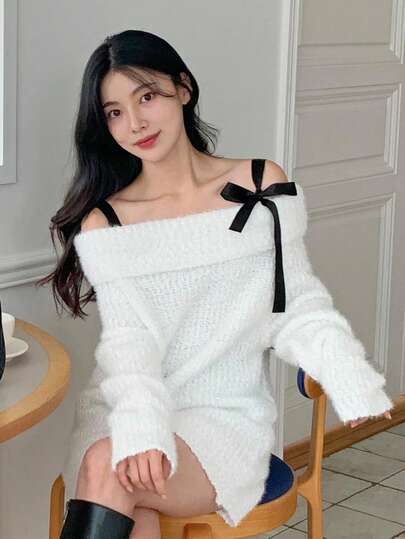 DAZY 女士修身露肩系带露肩毛衣