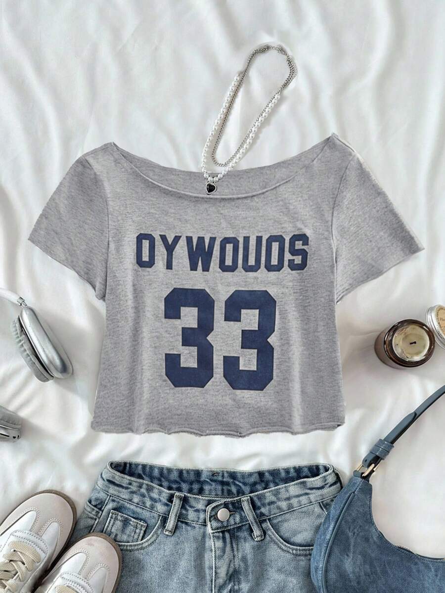 少女休闲宝蓝色针织标语露肩印花短款短袖修身上衣，春夏季清凉基础款日常百搭运动时尚夏季上衣，开学季校服~ - 灰色 - 查看 1