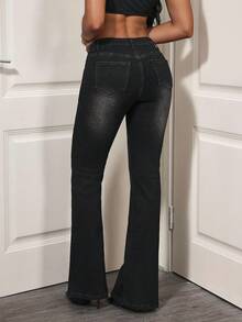 SHEIN Tall Tall Patchwork Studded Distressed Stretch Flare Jeans - Black - View 2