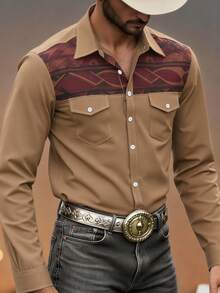 Manfinity Nomadique Men's Western-Style Brown Loose-Fit Floral Heat-Transfer Long-Sleeve Shirt - Suitable For Halloween, Fall Casual Outings & Western-Themed Events, Also A Thoughtful Gift For Husbands/Boyfriends. Men Cowboy Shirts Western Men Shirt Katseye Men Western Shirts Men Western Tops Lara Croft Rodeo Shirt Men Earning - Coffee Brown - View 3