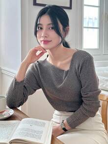 DAZY 女式斜肩圆领修身长袖柔软毛衣 - 棕色 - 查看 7