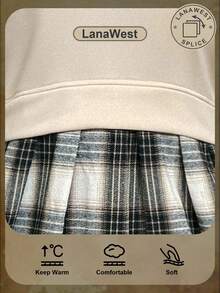 LanaWest Western Style A-Line Pleated Plaid Patchwork Round Neck Long Sleeve Women Short Dress