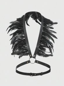 ROMWE Grunge Punk 1pc Black Feather Harness Belt For Women Gothic Feather Shawl Strap Tiara, Witch, Festival Outfit Beach Party Cosplay Props Dancer, Rave ,Outdoor Music Festival Dress