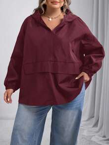 SHEIN CURVE+ 大码女式纯色落肩长袖拉链半开襟连帽休闲夹克，秋冬秋季/秋冬