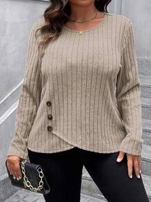 SHEIN LUNE Plus Size Women's Striped Casual Textured Crew Neck Long Sleeve T-Shirt Fall - Khaki - View 5
