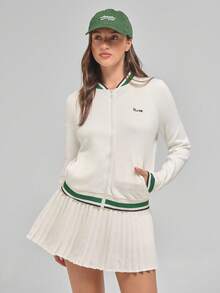 Menodora SHEIN Sport 女式休闲字母条纹插肩袖棒球领夹克，秋季 - 杏色 - 查看 2