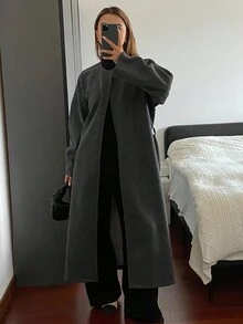 DAZY 女士秋季圆领系腰插肩袖针织毛衣女外套 - 灰色 - 查看 3