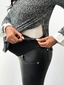 MaterniWear Maternity Solid Color Adjustable Waist PU Leather Leggings Maternity Leggings Pregnancy Pants Black Leggings For Women Pregnancy Clothing Leggings With Pockets  Black Pants  Black Pants Maternity Pants Pregnancy Leggings Maternity Clothes Pregnant Outfits Pregnancy Clothes Maternity Biker Short - Black - View 7