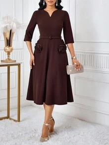 SHEIN Lady 女士优雅纯色缺口领中长连衣裙，带花卉装饰和带扣腰带，适合春秋季节 - 棕色 - 查看 6