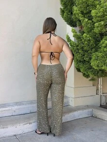 Nezia Cruz Quần ống rộng đan móc sequin thanh lịch mùa hè cho nữ Ibiza Boho Vacation Holiday Beach - Màu xanh Ô liu - Xem 2