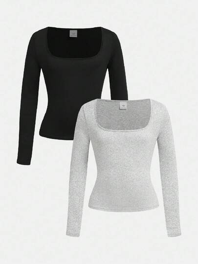 SHEIN Girlism 2pcs/Set Tween Girls' Crew Neck Fitted Basic Casual Long Sleeve T-Shirts