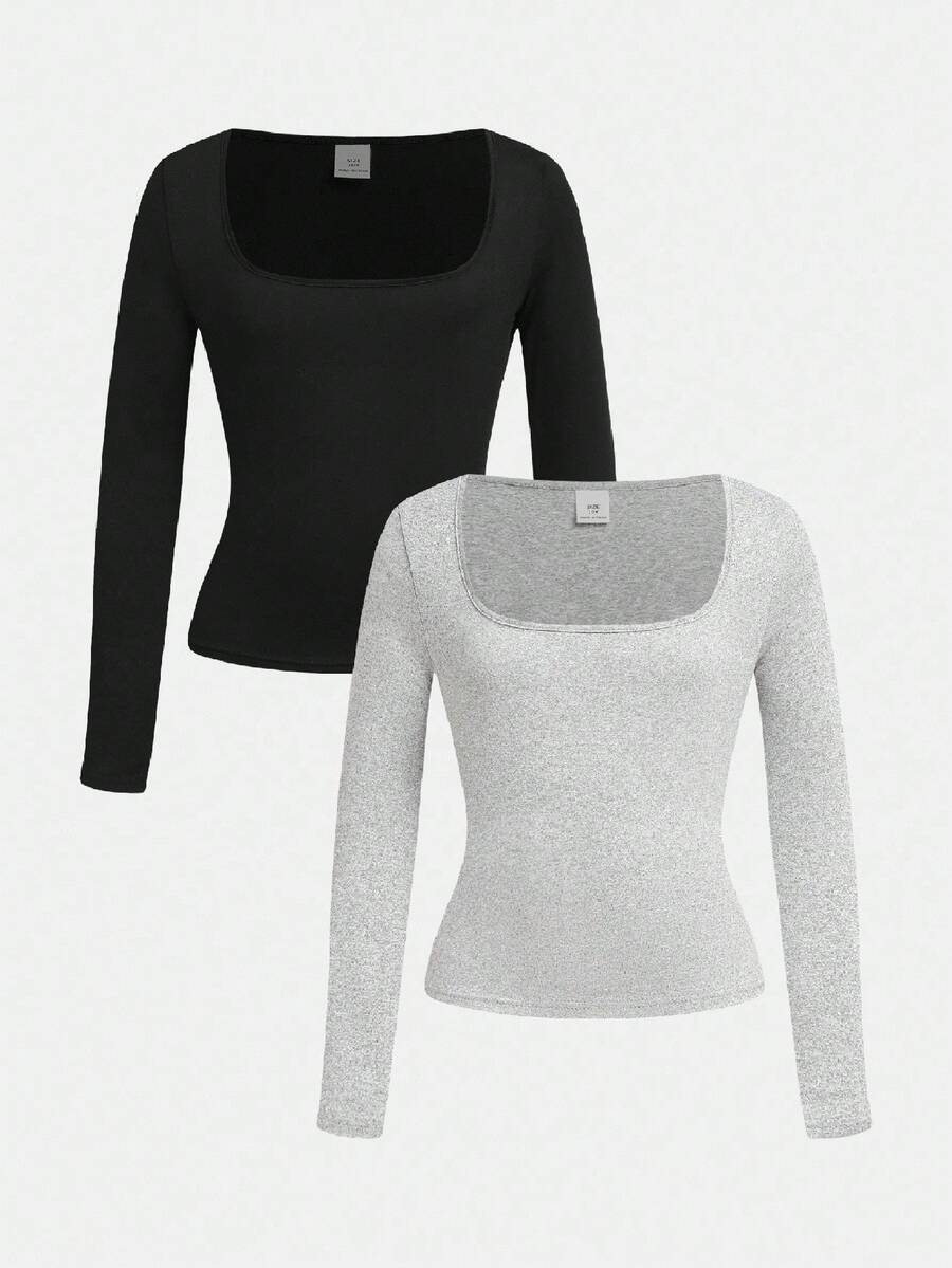 SHEIN Girlism Bộ 2 áo thun dài tay cổ tròn đơn giản, thoải mái dành cho bé gái tuổi teen - Màu Xám nhạt - Xem 1