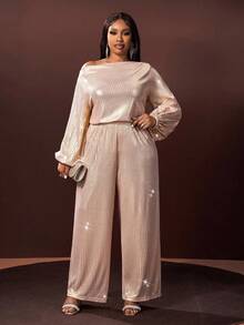 Veslaya 2025 Automne/Hiver Nouveau Ensemble 2 pièces femme grande taille, top ample à manches évasées et épaules dénudées, ourlet à cordon de serrage, couleur champagne, et pantalon slim extra long en tissu rayé brillant