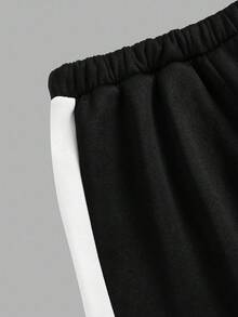 2 件套青少年女孩休闲运动家居服运动衫和阔腿运动裤套装，拼色超大圆领长袖连帽衫和裤子返校装，黑白