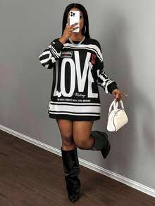 Slaydiva 休闲街头美式复古新款圆领露肩字母英文Logo印花长袖超宽松T恤裙杏色下装绿花女T恤-A - 黑與白 - 查看 7