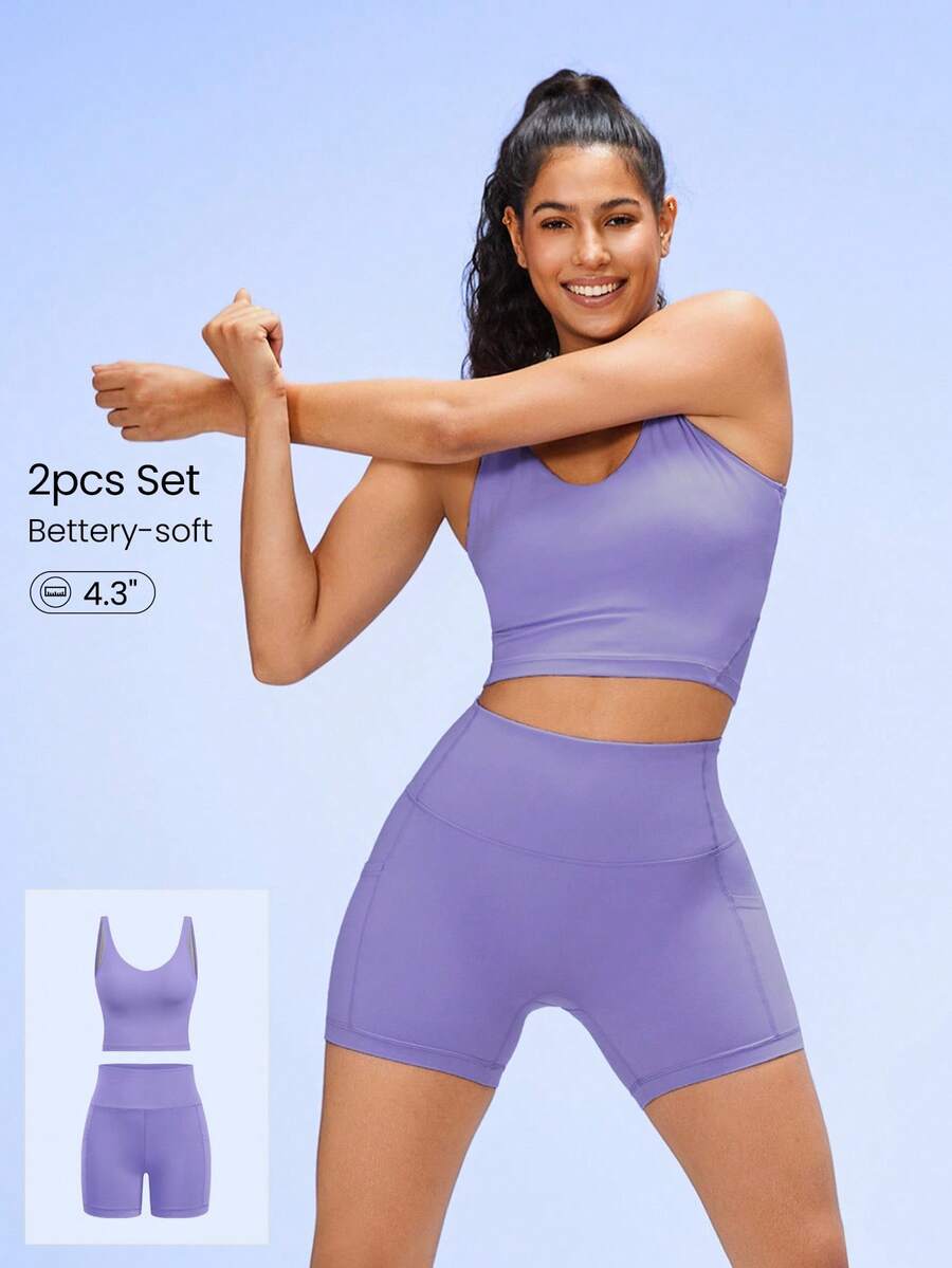 GLOWMODE FeatherFit™ U-Back Crop Active Tank & Quần short dành cho người đi xe đạp kiểm soát bụng 4,3" Bộ Yoga tác động thấp hàng ngày - Màu tím - Xem 1