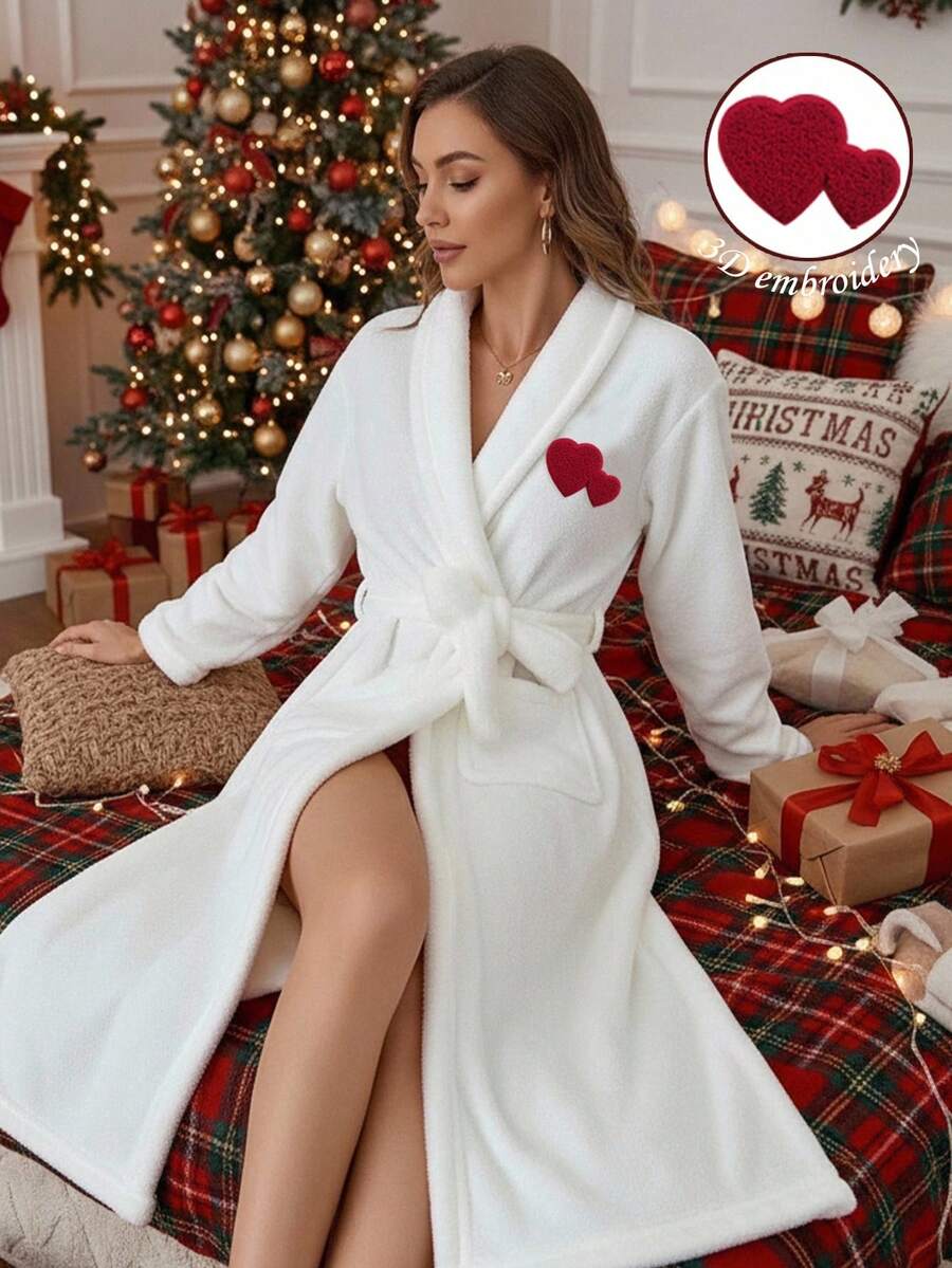 SHEIN LUNE Women's Chic Christmas Elk Embroidered Plush Nightgown Autumn And Winter Warm White Home Clothes Robe