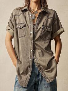 Bohemela Women's Casual Solid Color Loose Woven Shirt - Khaki - View 3